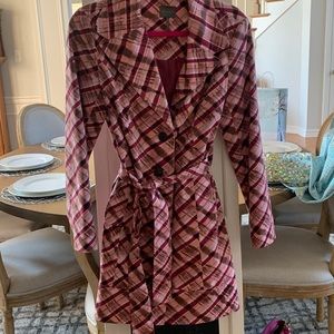 Pink Plaid Peacoat 34 inches long belted button up front size S.